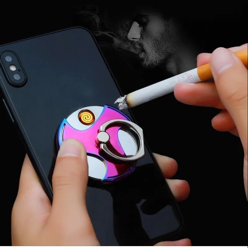 Metal Multi-functional Mobile Phone Holder Ring Buckle Lighter USB Charging Windproof Personalized Creative Cigarette Lighter