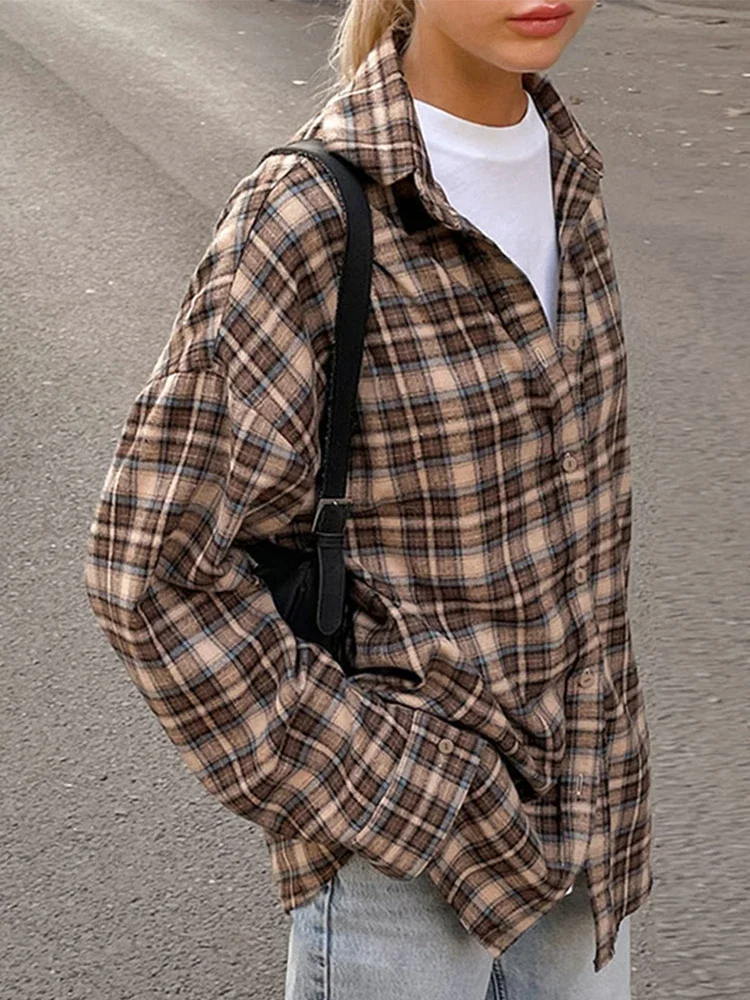 البلوزات البني منقوشة المرأة عادية كم طويل قمصان فضفاضة رفض طوق موضة ربيع الخريف مكتب سيدة الشارع الشهير