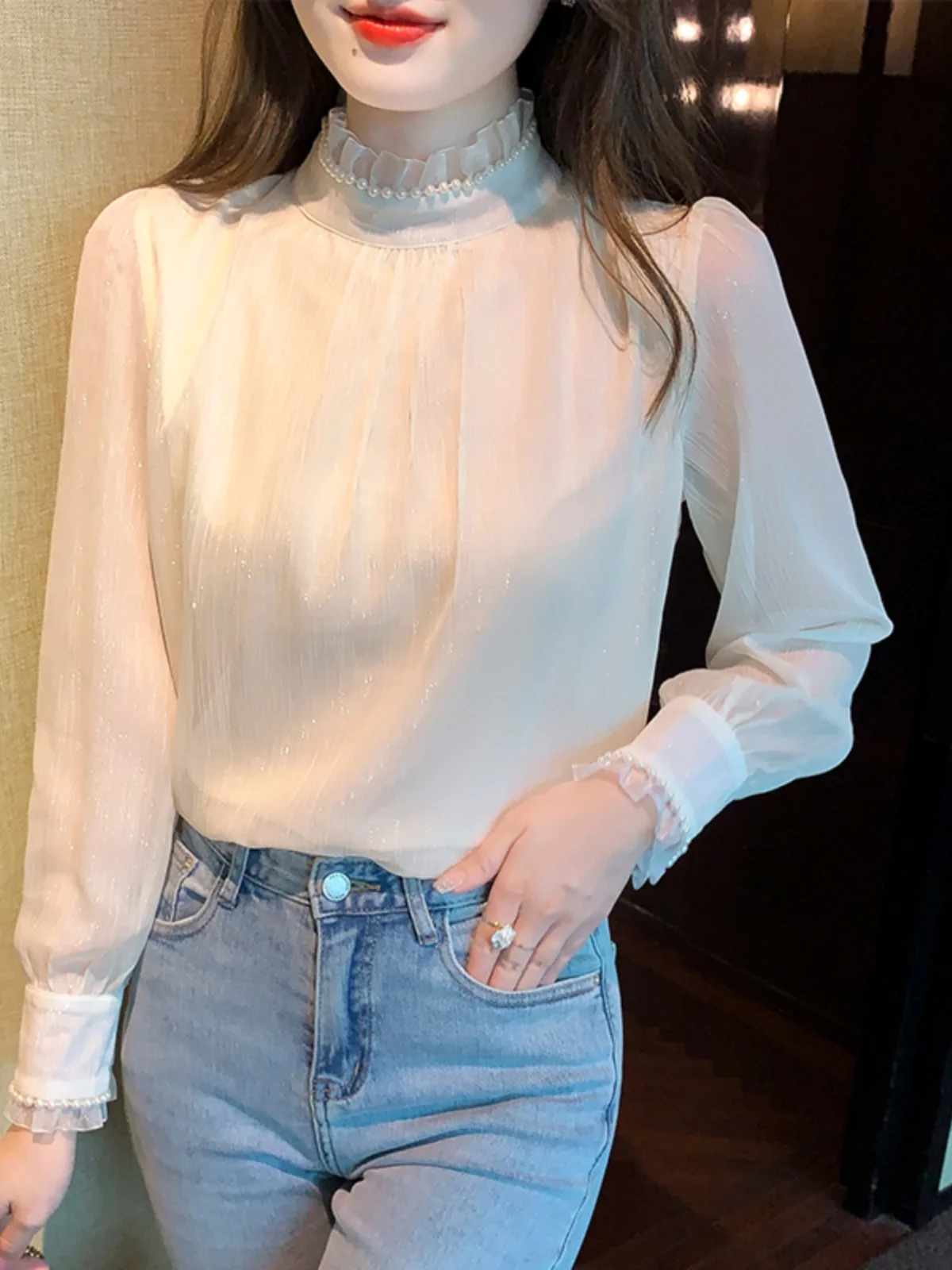 

Ele Lace Blouse Women's Polyester Long Sve Standing Collar Color Commuter Sle Faionable Interior Wear Base S...