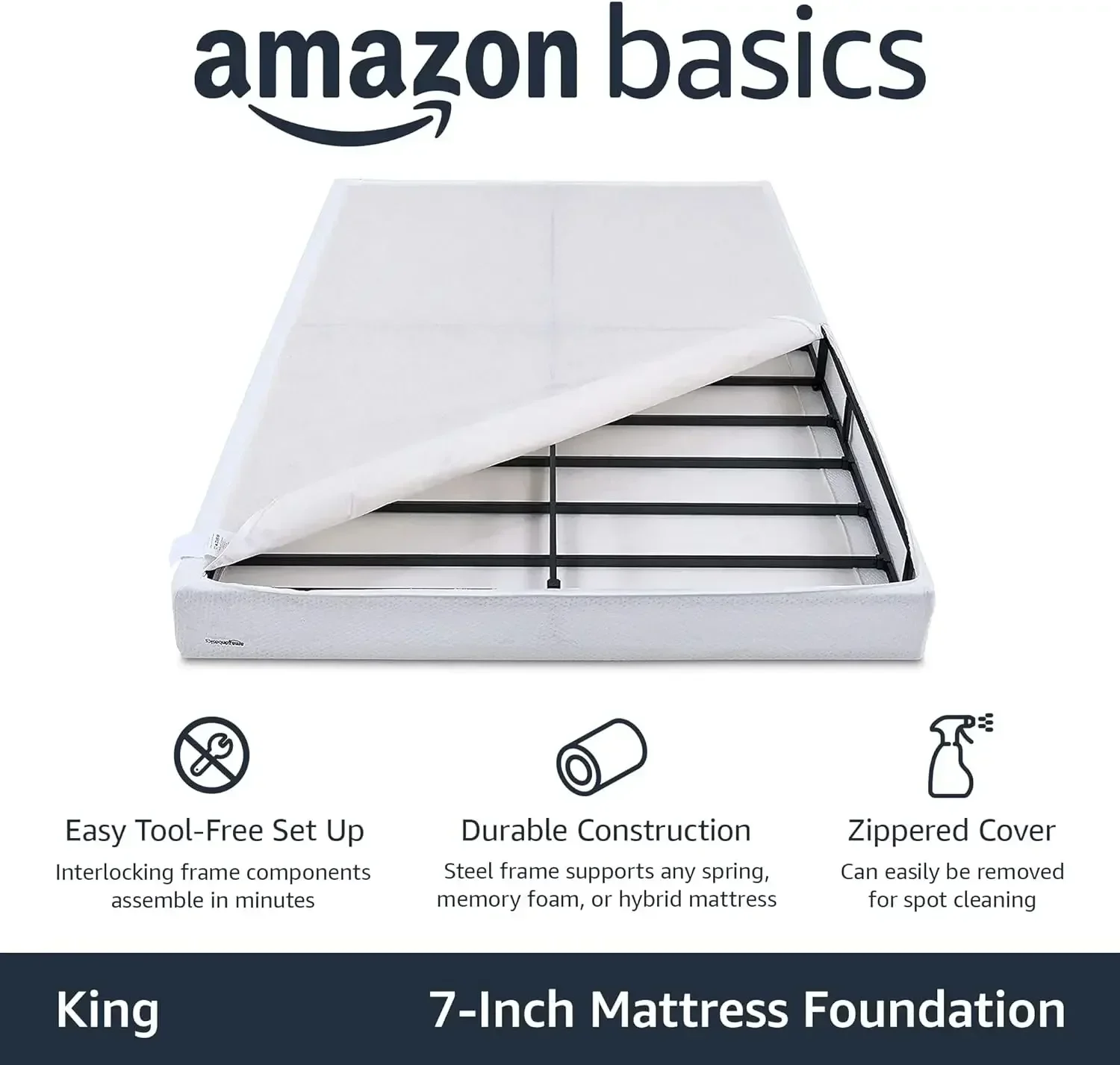 Amazon Basics Base de cama con muelles Smart Box, base de colchón de espuma viscoelástica extra firme, King, blanco, 79 x 75,5 x 7 pulgadas