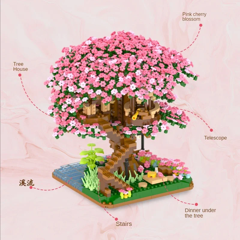 Blocos de construção em miniatura para crianças, casa de cerejeira, bricolage, montagem educacional, tijolos de flores, brinquedos para meninas