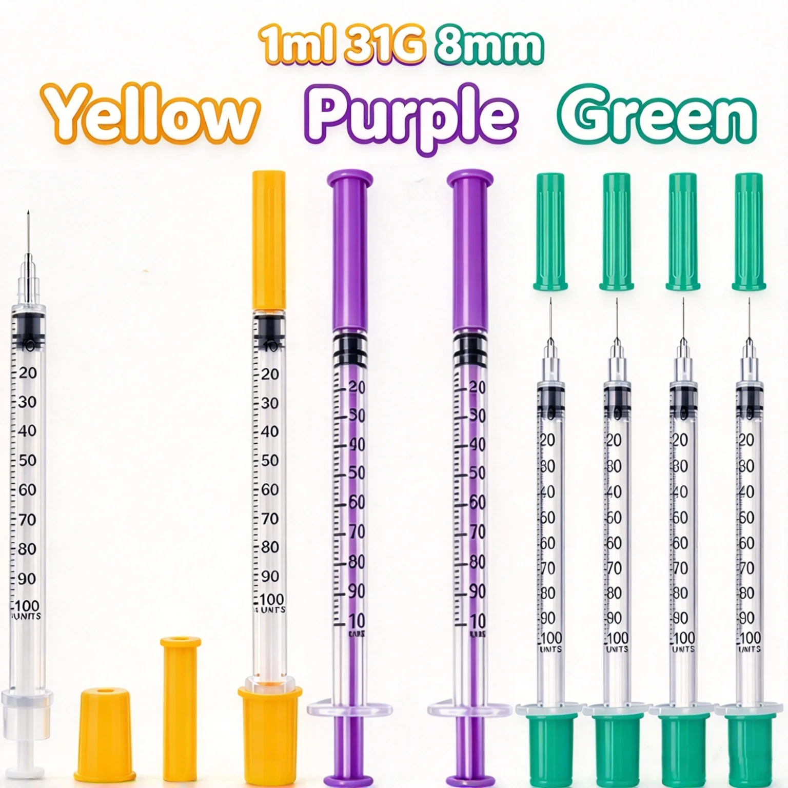 Disposable 1ml Syringe 31G 8mm Needle 100IU Yellow Purple Green Color Cap, Micro Sampling, Veterinary Lab Liquid Dispensing