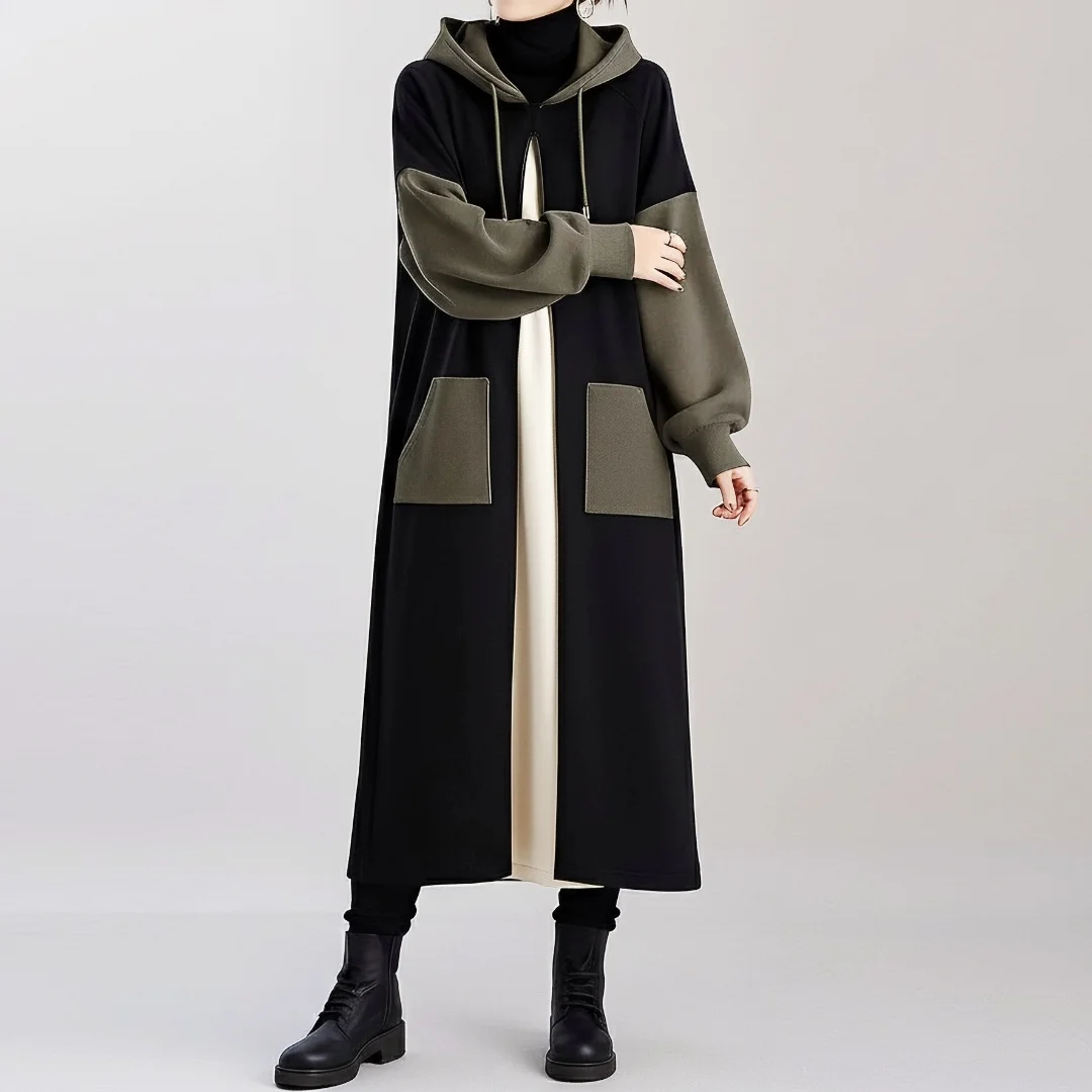 

SuperAen Japan Style 2026 Autumn New Women Patchwork Color-blocking Hooded Cardigan Long Coats Long-sleeved Coats