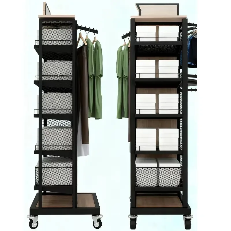 Rolling Hanger Storage Rack with Net Basket for Bedroom Wardrobe and Retail Display