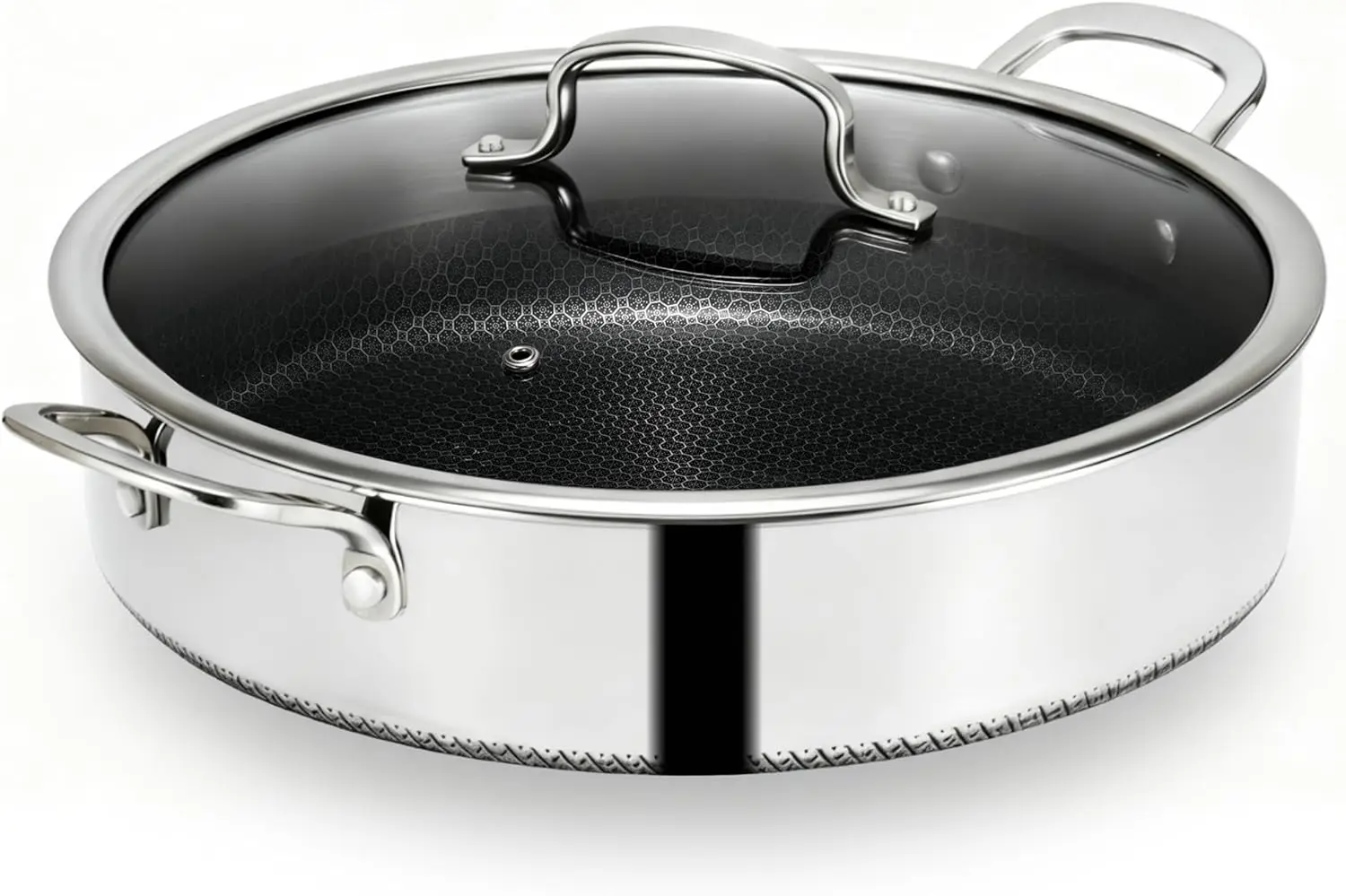 

Nonstick hybrid skillet with tempered glass lid, heat-resistant handles, oven-safe, induction cooktop compatible.