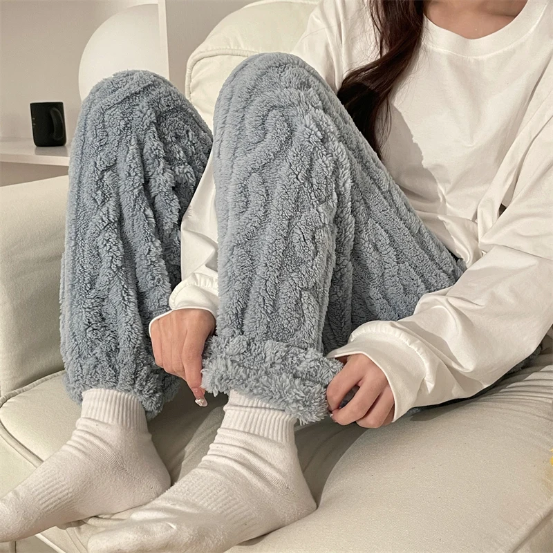 Twist Sleep Bottoms Women Loose Winter Pure Color Ankle-tied Mid Waist American Style Retro Slouchy Aesthetic Stylish Home New