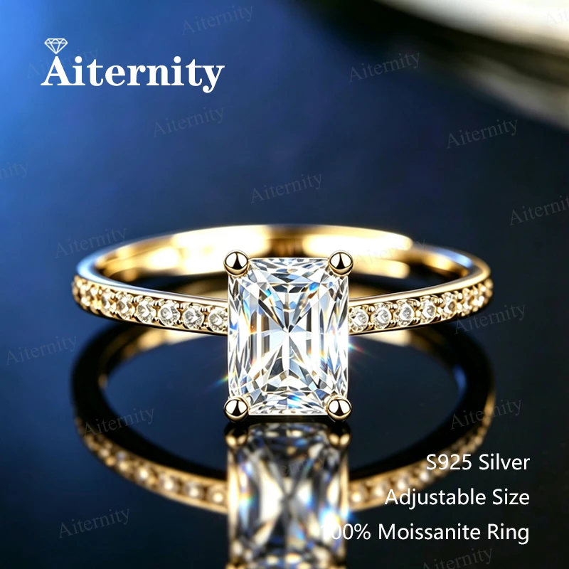 Adjustable Emerald Ring with Moissanite Gemstone S925 Sterling Silver Diamond Tester Approved Sparkling 18K Gold WomMen's Ring