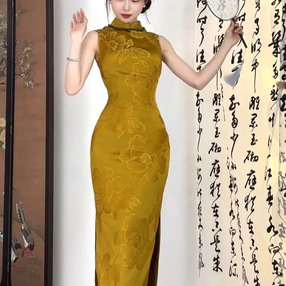 

Желтое улучшенное новое платье в китайском стиле, сексуальное Ципао без рукавов, женское летнее осеннее повседневное платье с разрезом, Vestidos, халат, костюм