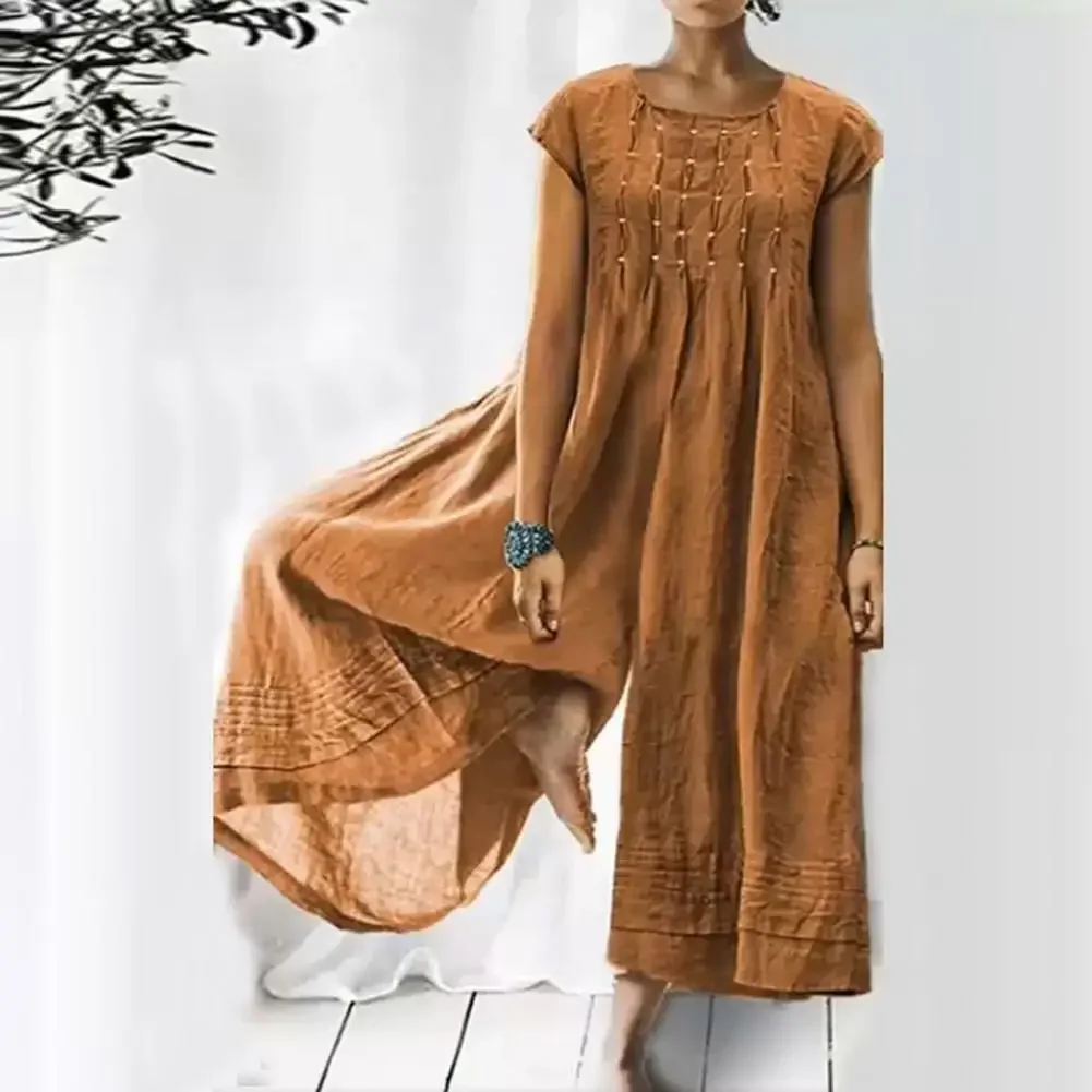 

Summer Womens Jumpsuits O-Neck Short Sleeves Wide Leg Lady Jumpsuit Vintage Casual Deep Crotch Female Jumpsuit