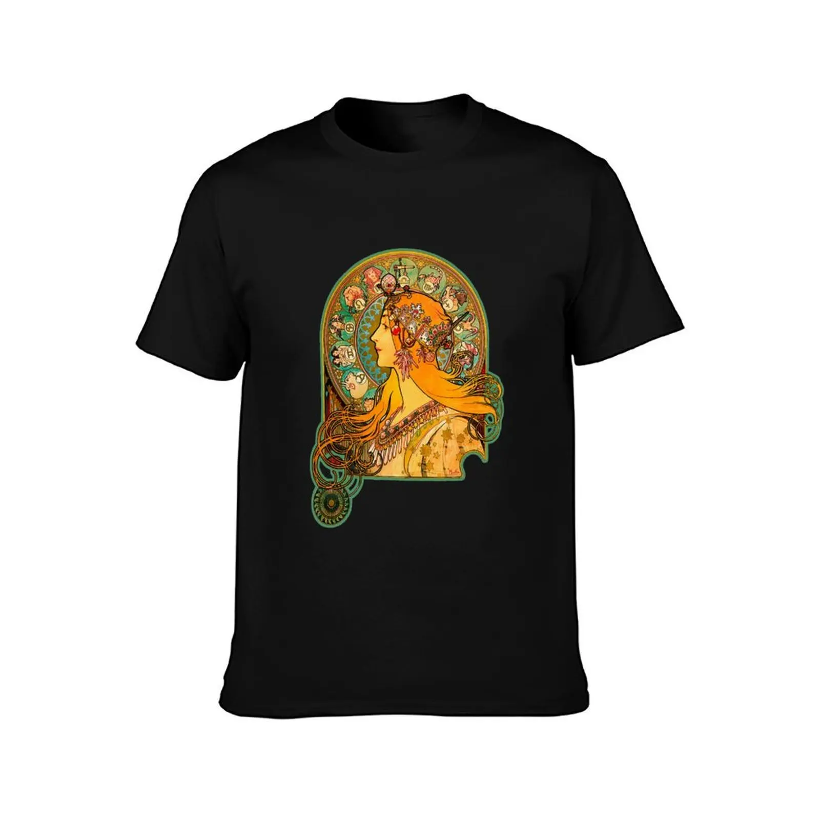 HD Zodiac, (1896) - Alphonse Mucha T-Shirt, Summer Casual Cotton Tee, Oversized Streetwear Tops, Vintage Graphic Print