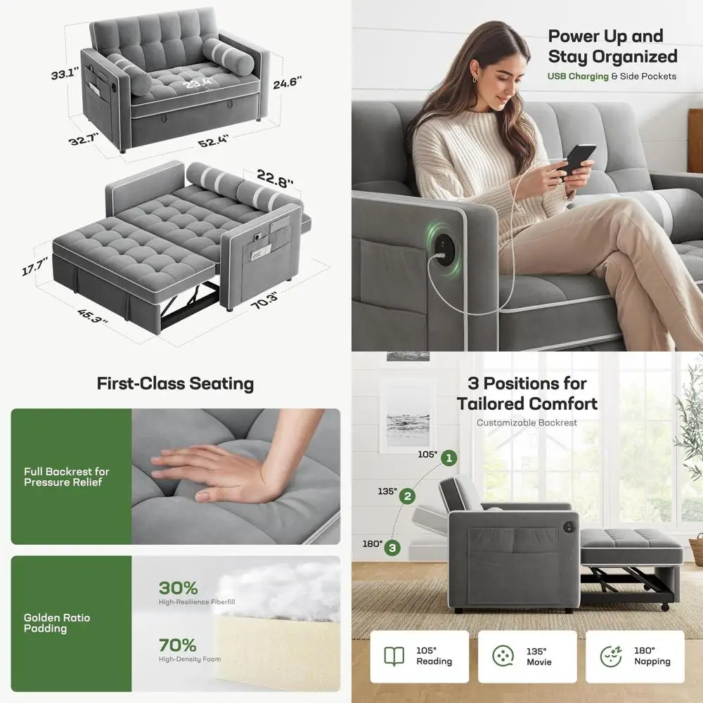

Трансформируемый диван-кровать 3-в-1 с выдвижным спальным местом, регулируемой спинкой, USB-зарядкой и боковыми карманами, велюровая ткань, серый цвет