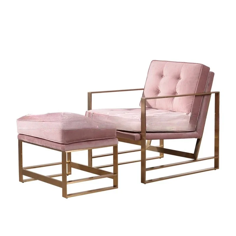 

Nordic light luxury metal pink flannel single sofa furniture cafe hotel stainless steel sofa chair