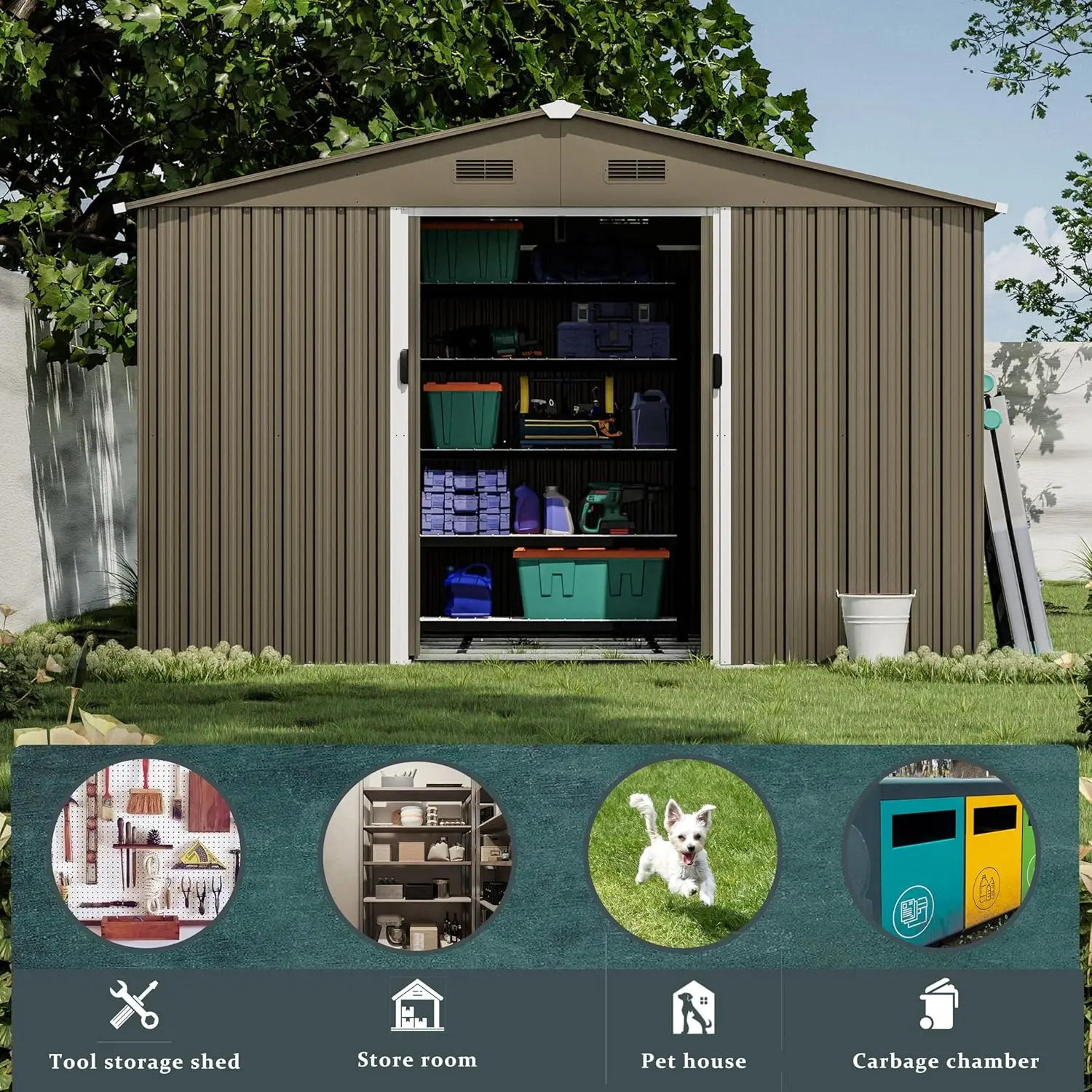 Impermeável Lockable Metal Tool Shed com porta deslizante e ventilação, Ferramenta de jardinagem ao ar livre, arrecadação