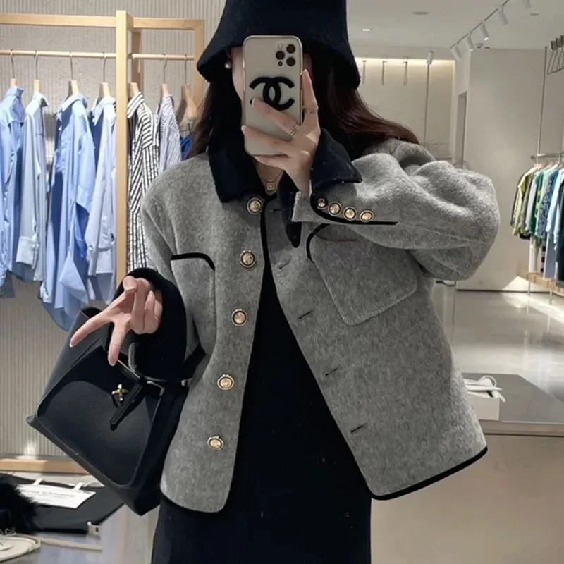 2023 Xiaoxiangfeng Woolen Coat Women Short Doll Neck Contrast Color Celebrity Fashion Temperament Double sided Woolen Coat Trend