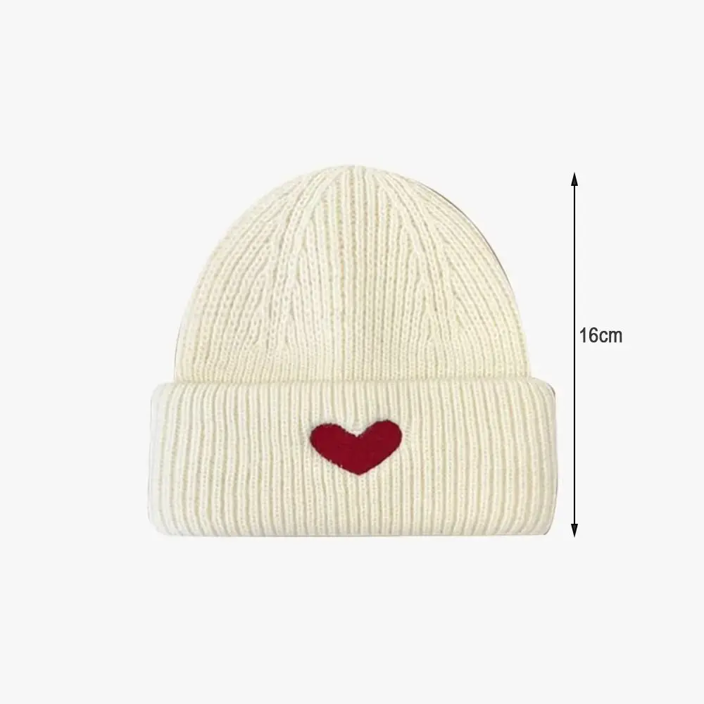 Fashion Heart Embroidery Winter Knitted Hat Thick Warm Solid Color Beanie Cap Soft Windproof Crochet Bonnet Hat