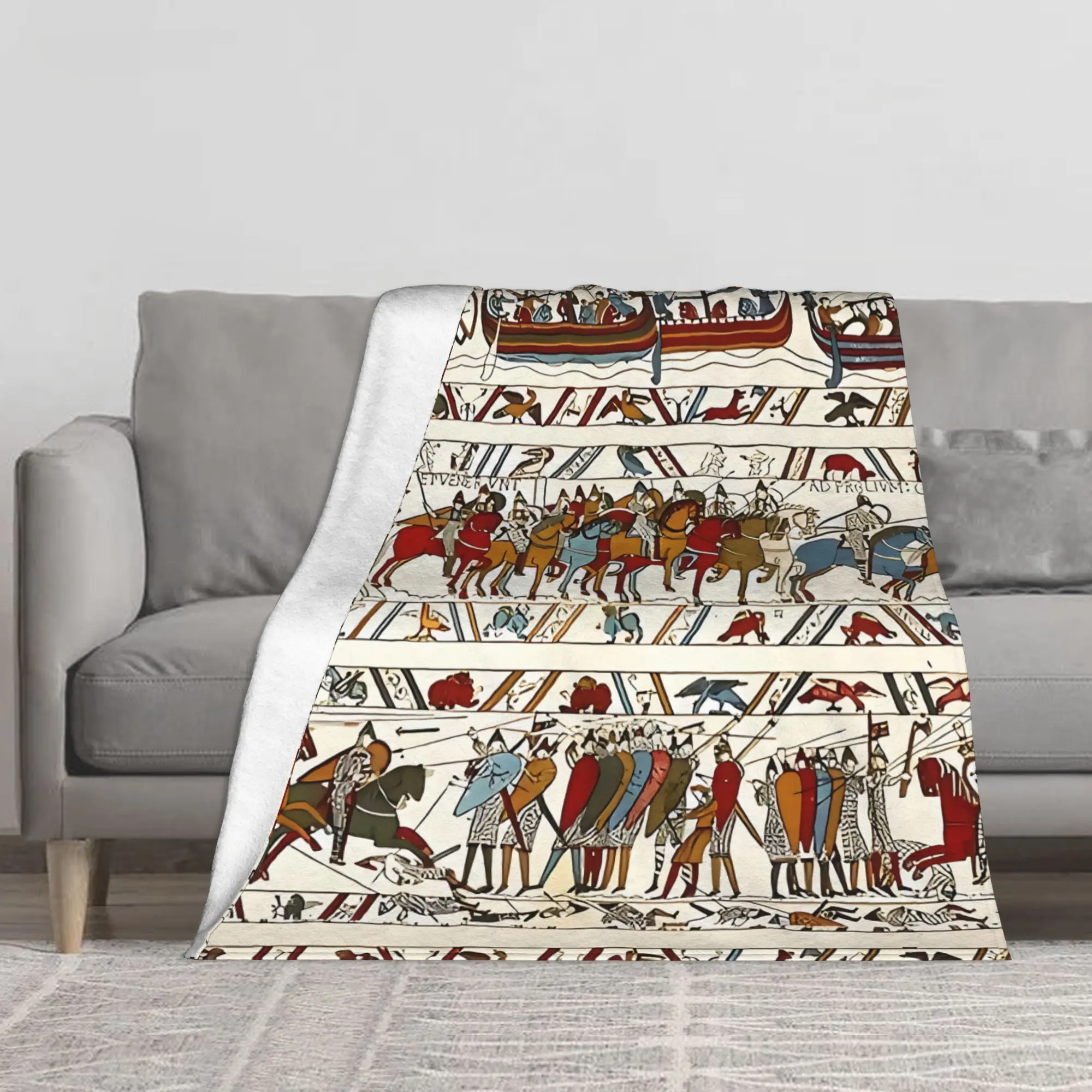 1PC THE BAYEUX TAPESTRY ,BATTLE OF HASTINGS ,NORMAN KNIGHTS AND VIKING SHIPS Blanket Throw Super Cosy Plush Living Room Sofa