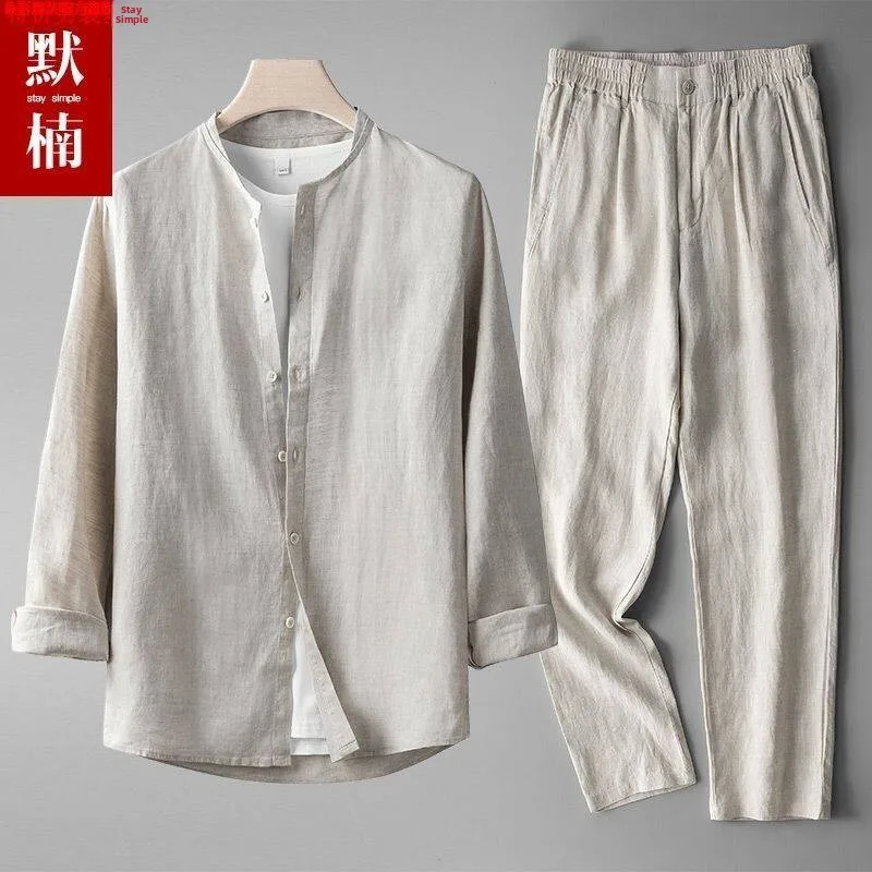 

Men's Cotton Linen Set Summer Thin Casual Loose Fit Long Pants Breathable Comfortable Traditional Chinese Sle Two-Piece Suit