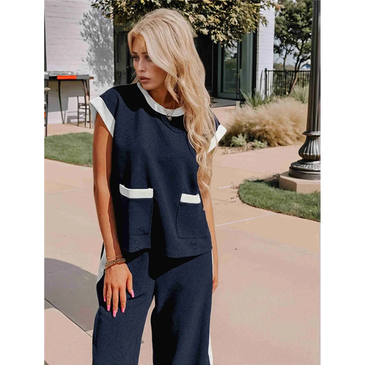 ABQR 여성 여름 라운지 세트 의상 반팔 풀오버 탑 와이드 레그 롱 팬츠 트랙슈트 네이비 블루 + 베이지 화이트 XL