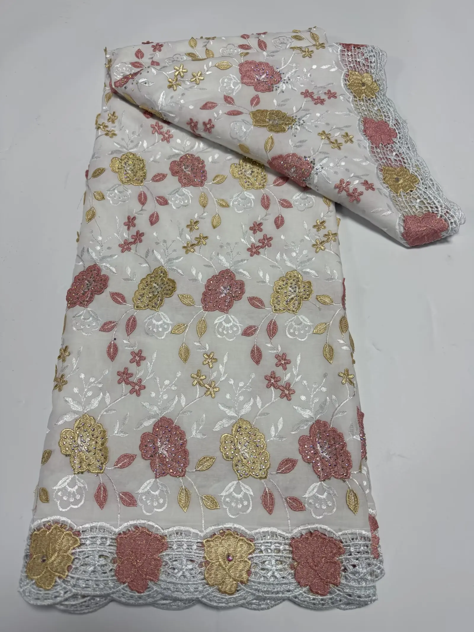 5yards African Swiss Voile Lace Fabric With Stones Material  Follower 100% Cotton Embroidery Popular Dubai Style For Wedding