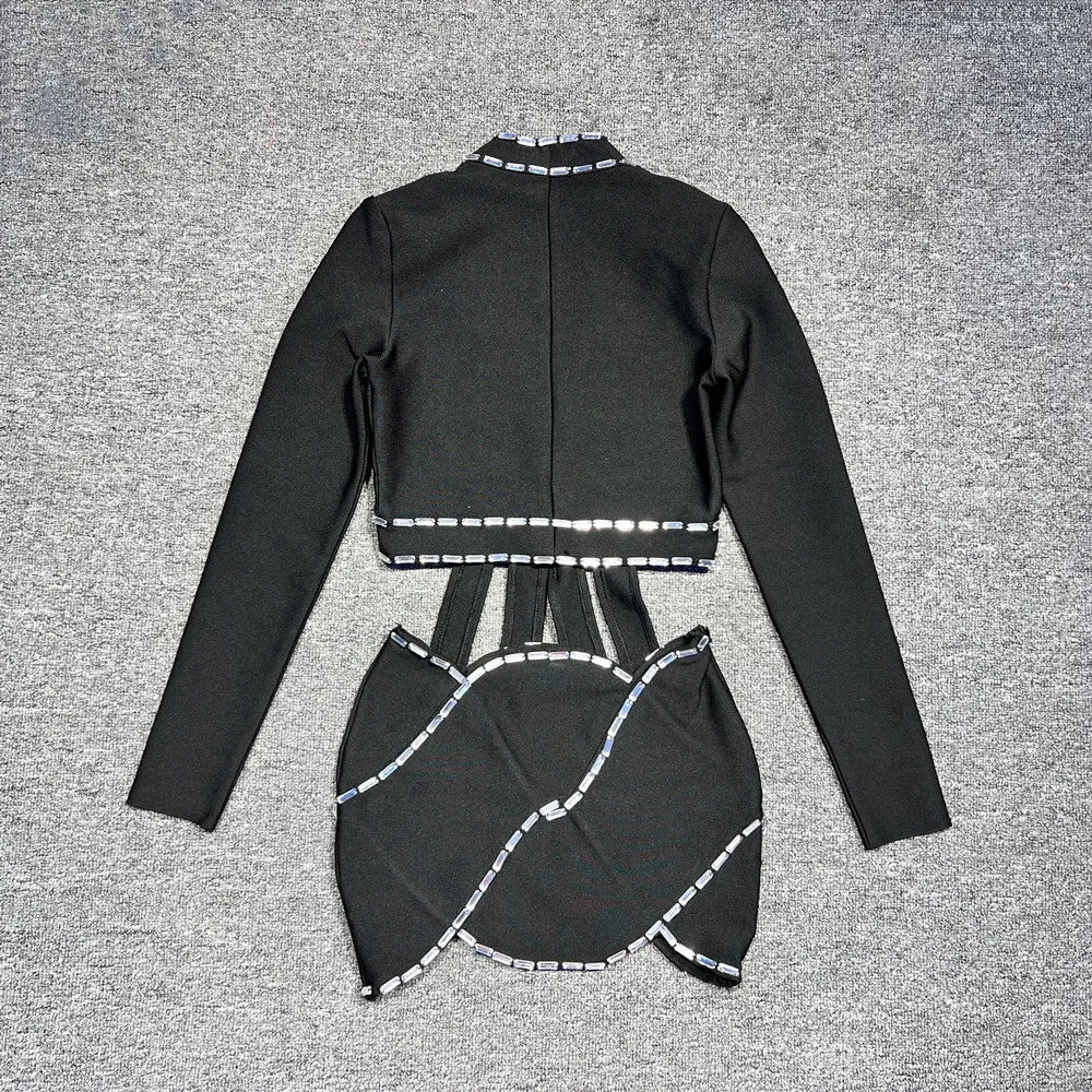 Neu angekommen Shinning Strass Sexy Langarm Aushöhlen Bandage Mini Kleid Frauen Nachtclub Party Feiern Geburtstag Tragen