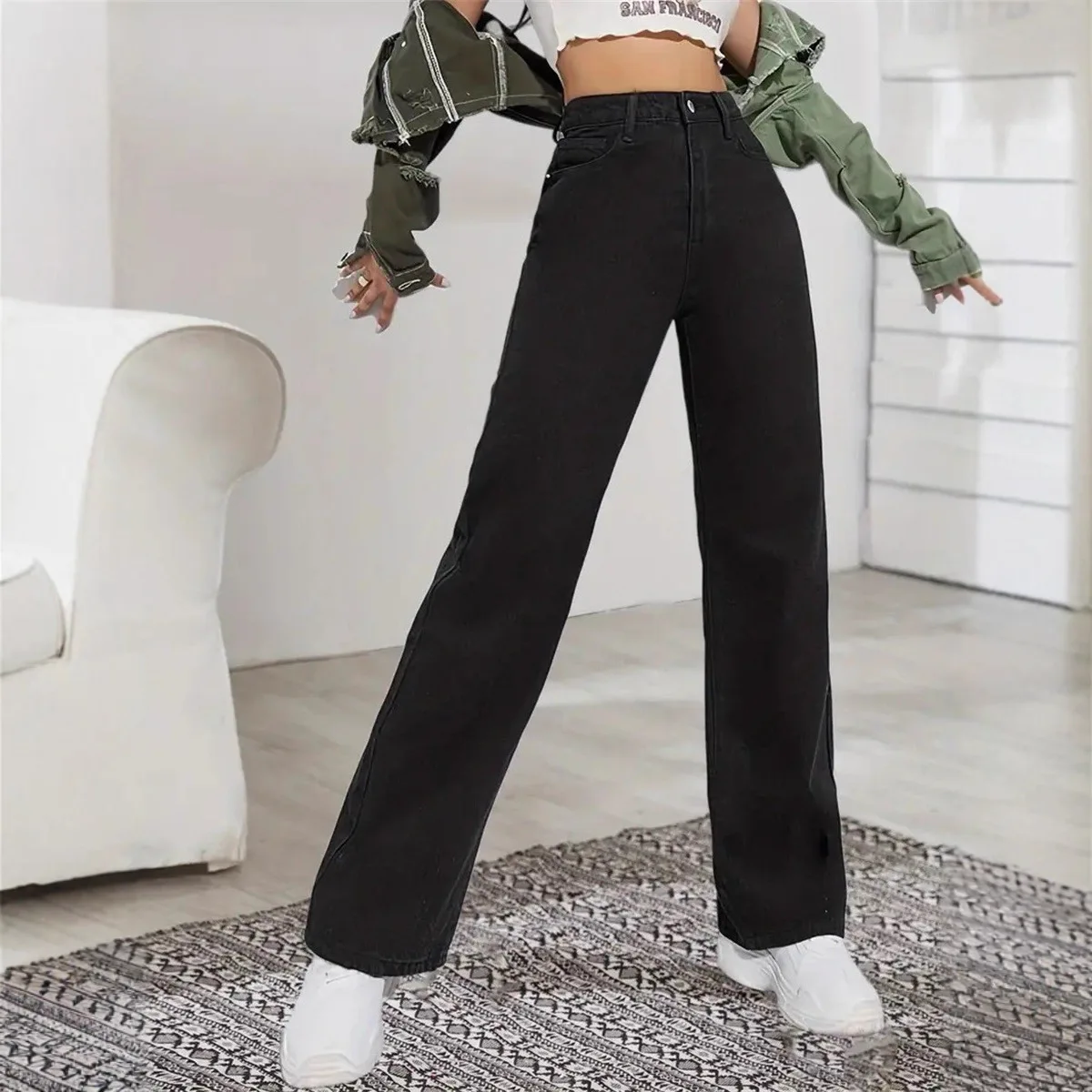 

Уличная одежда, джинсы, черные прямые эластичные повседневные брюки, женские джинсы, джинсовые брюки, модные джинсовые брюки-бойфренды в стиле ретро
