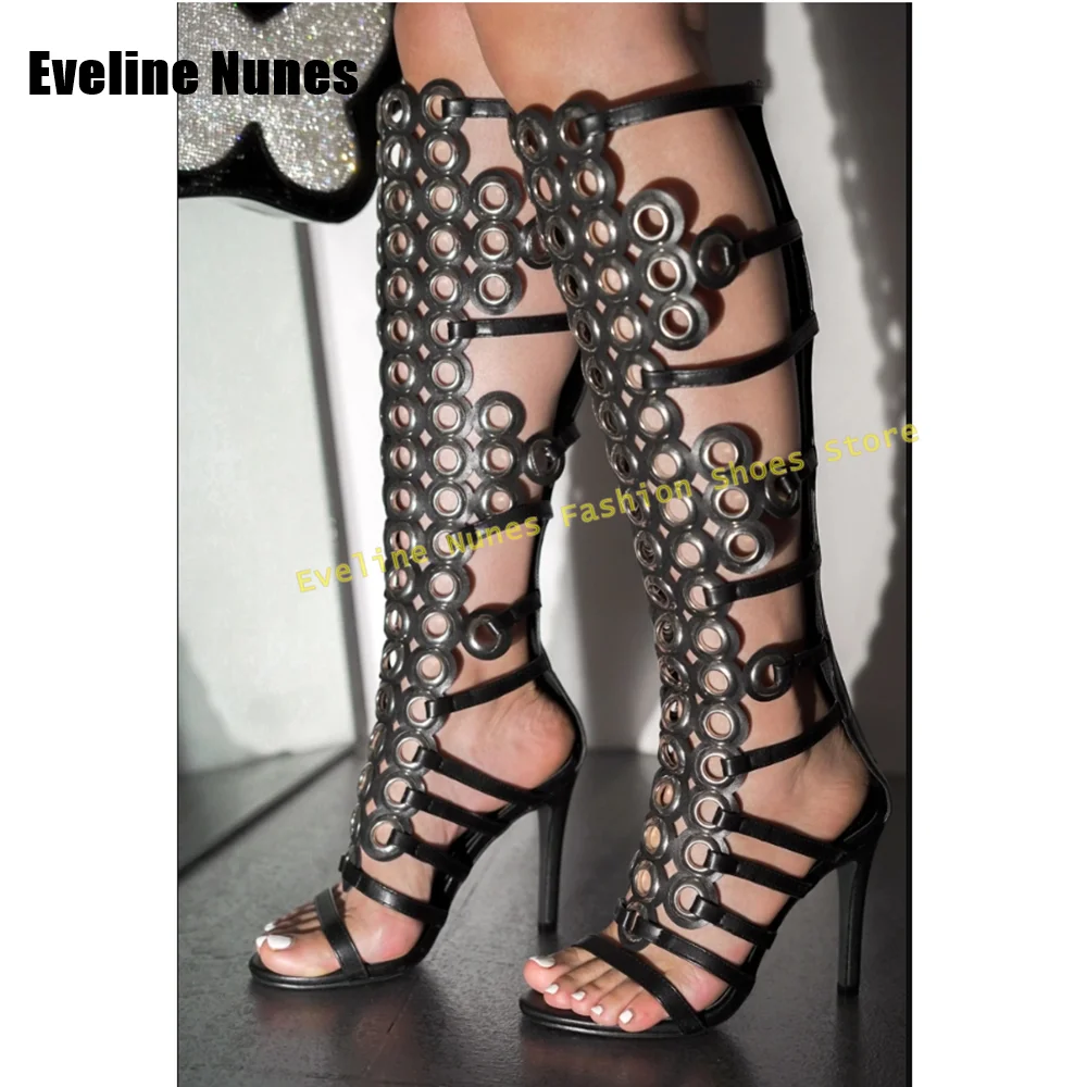 

Multicolour Metal Circle Sexy Sandals Plus Size 35-44 2025 Summer Trend Round Toe Back Zipper Women Runway Show High Heels Boots