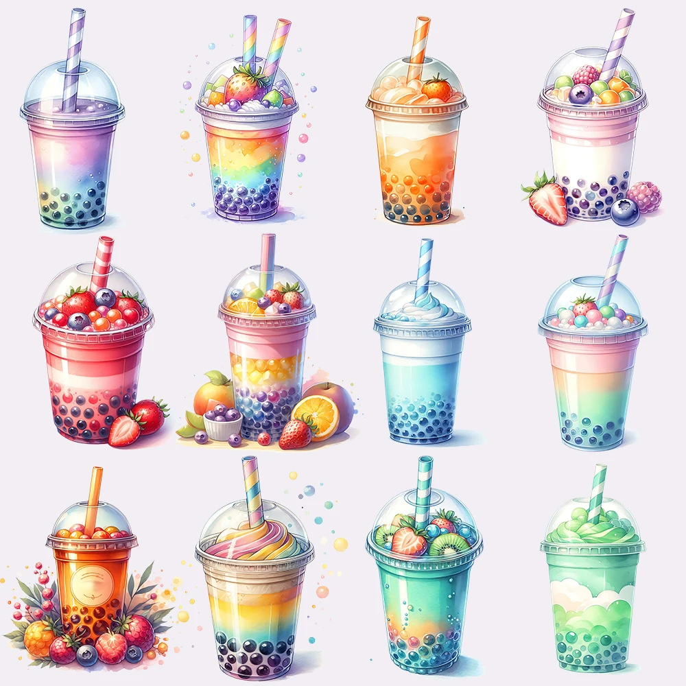 15cm Colorful Pearl Milk Tea Fruit Juice Iron On Heat Transfer Sticker For Clothes Pinted Vinyl Thermal Washable T-Shirt Decal