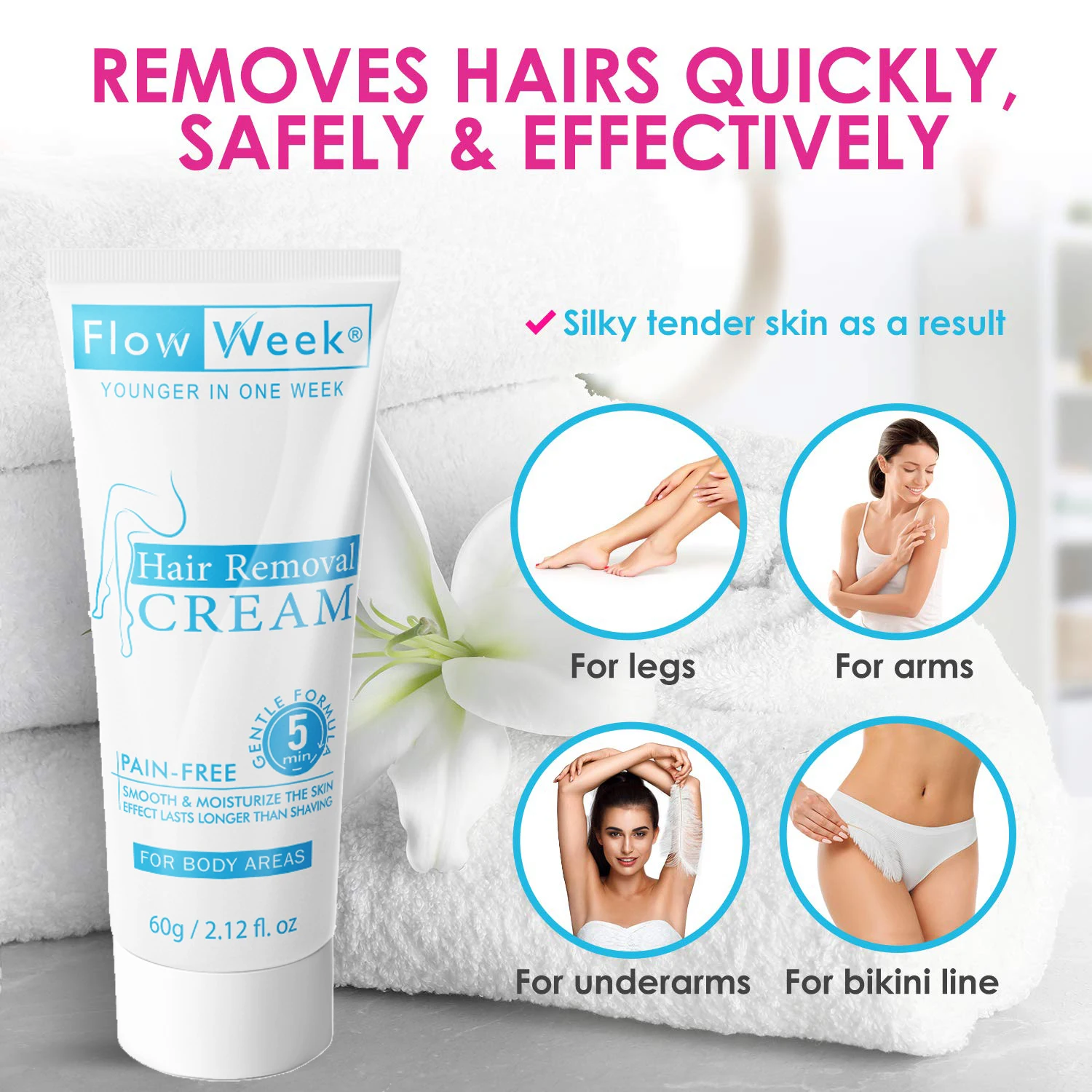 Flow Week Hair Removal Cream Gentle Fast Hair Removal Smooth Skin Flawless Depilatory Cream Suitable for All Skin Types