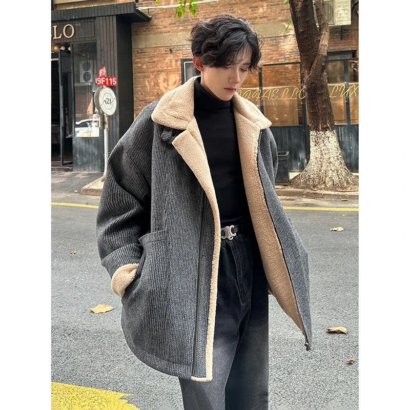 Men Winter Berber Fleece Jacket Parka Coat Mens Multi-pockets Stand Collar Casual Thick Warm Jacket Man Khaki/Dark Gray