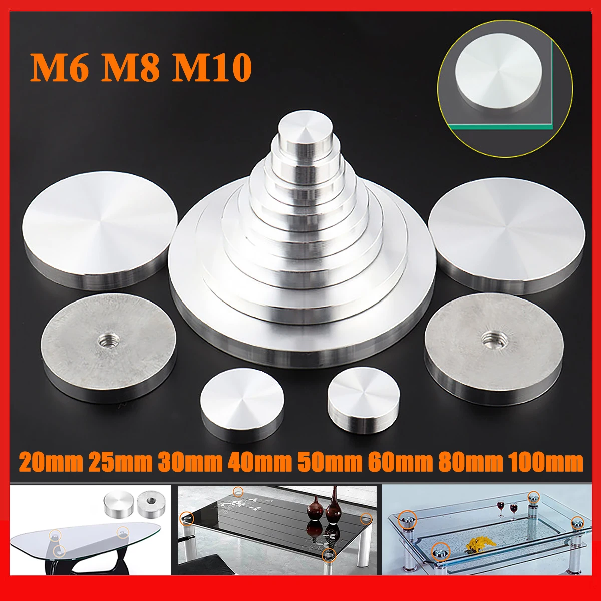 Diameter 20/25/30/40/50/60/80/100mm Aluminum Disc M6 M8 M10 Thread Round Shape Glass Table Circle Disc Top Adapter Hardware