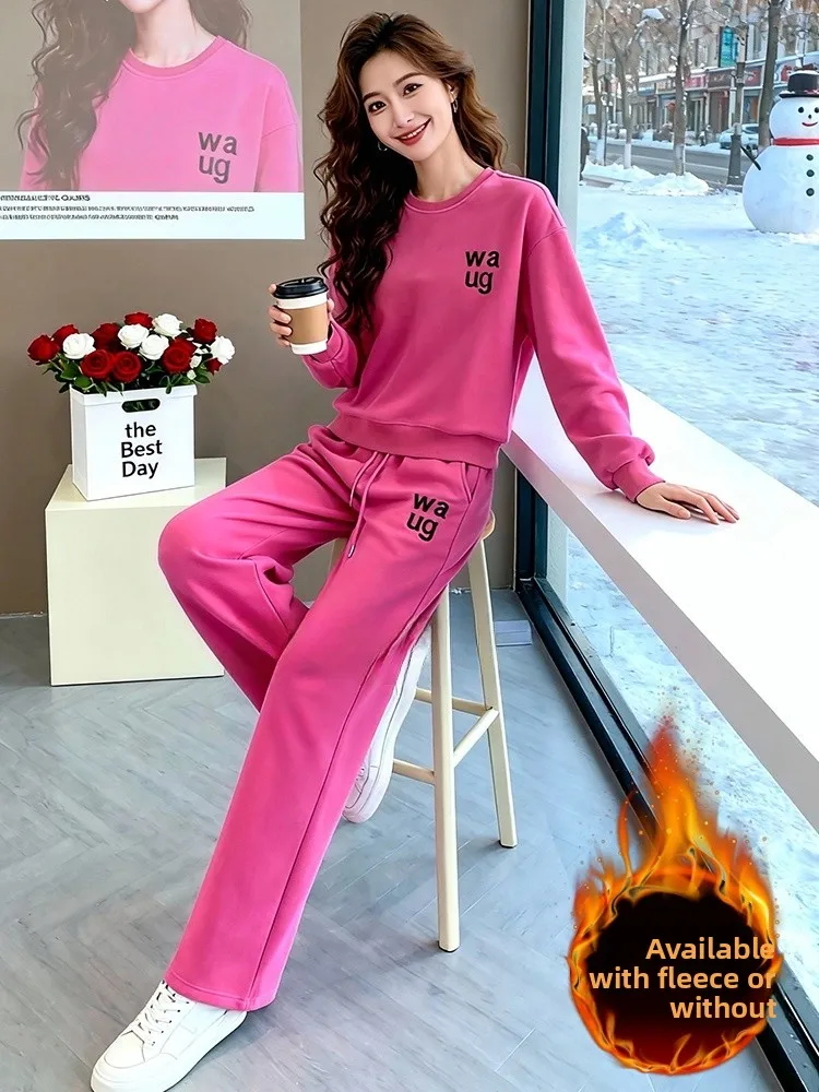 

Thickened Fleece Casual Sportswear Set Women's Winter Fashionable Streetwear Pink Sweatshirt Wide Leg Pants Two Piece Set