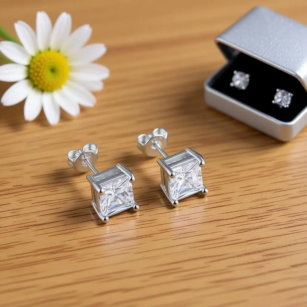 1 Pair Simple 925 Sterling Silver Clear Square Crystal Zircon Stud Earrings for Women Girls Wedding Party Fashion Jewelry Gifts