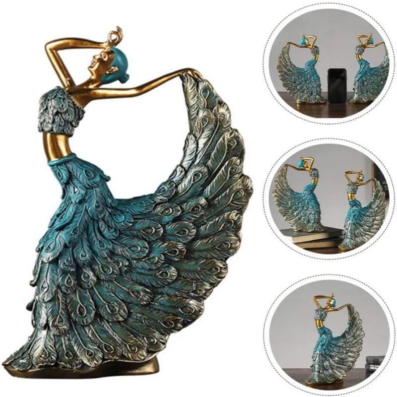 

Blue Golden Peacock Dancer Figurine Statue Resin Sculpture Vintage Home Wedding Birthday Desktop Decorations