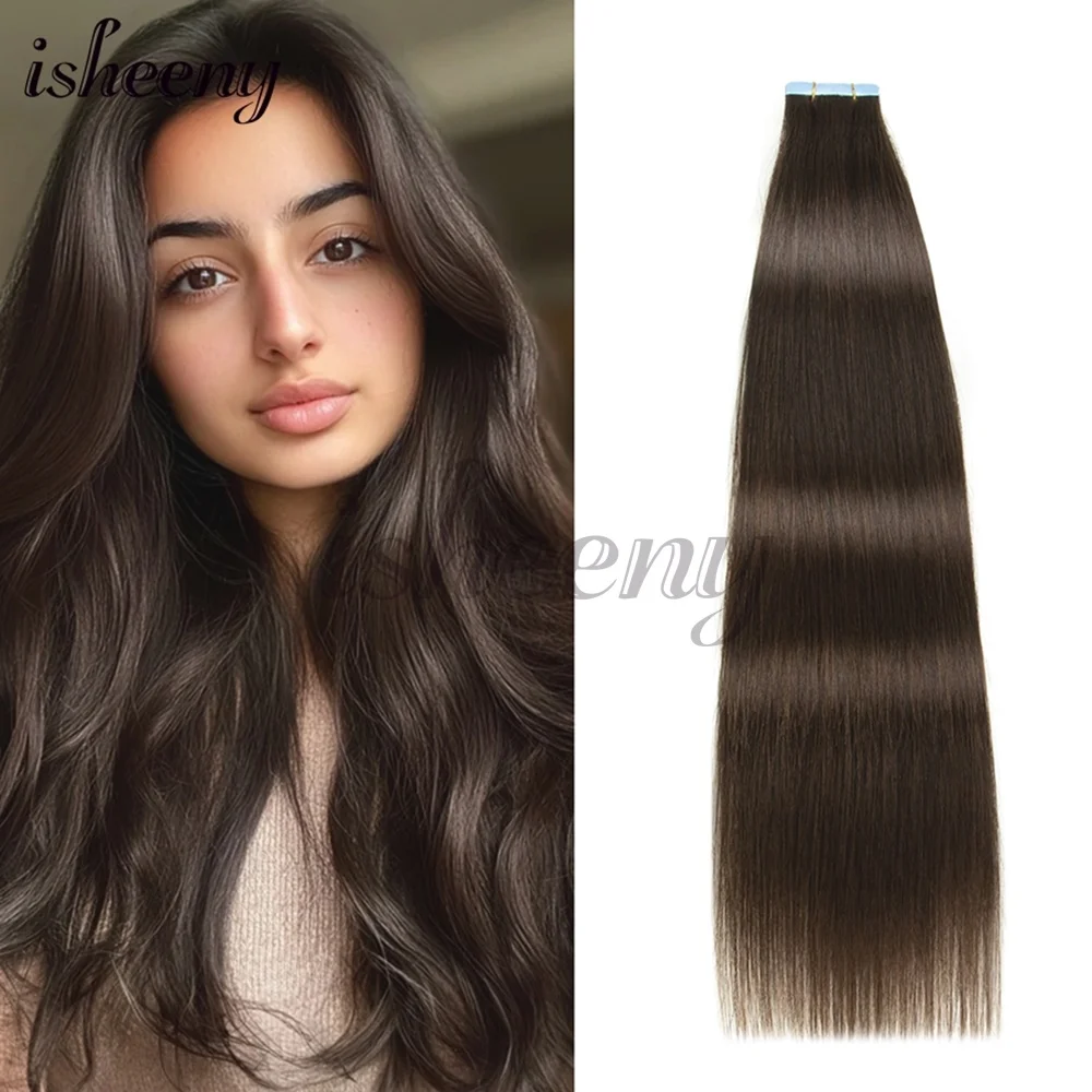 Isheeny 20pcs Tape In Hair Extensions Human Hair Natural Straight Hair 40-50g Seamless Invisible Double Side Skin Weft 12''-24''