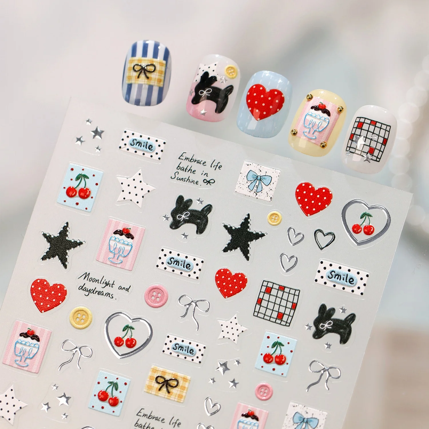 Embossed 5D Retro Cute Nail Stickers Red Polka Dot Heart Cherry Dog Bow Star Plaid Square Button Self Adhesive Manicure Decals