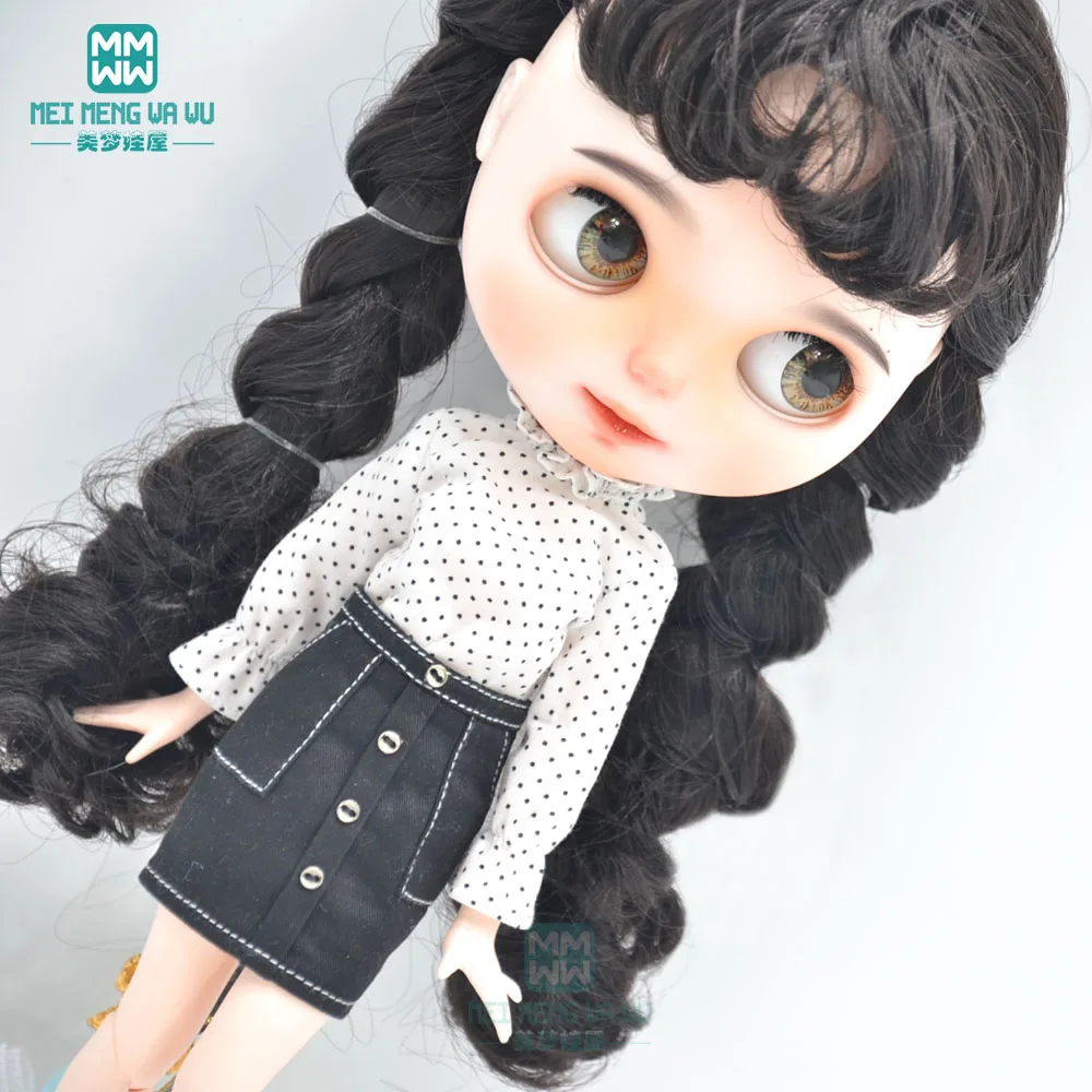 

Подходит для куклы Blyth Azone OB22 OB24 28-30 см. Модная рубашка в горошек розового, синего и белого цвета.