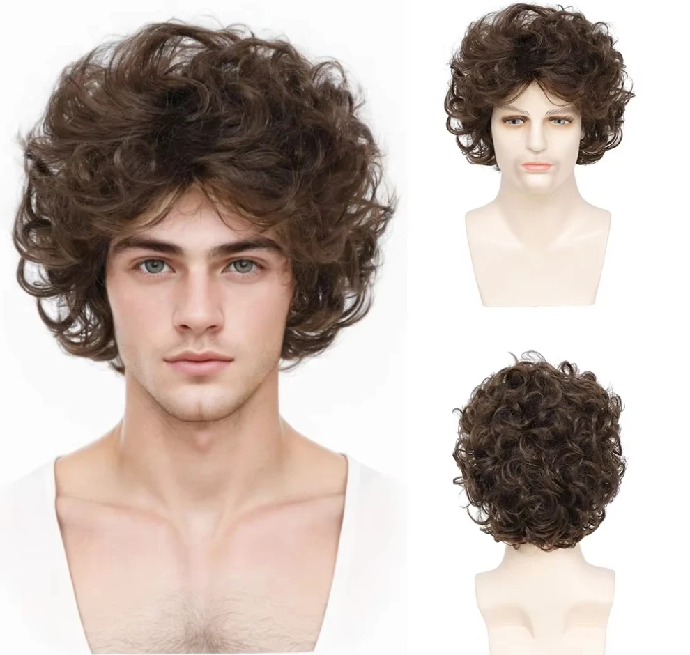 

Synthetic Wig Men's Short Brown Curly Wig With Bangs Realistic Fluffy Daily Use Breathable Fake Hair