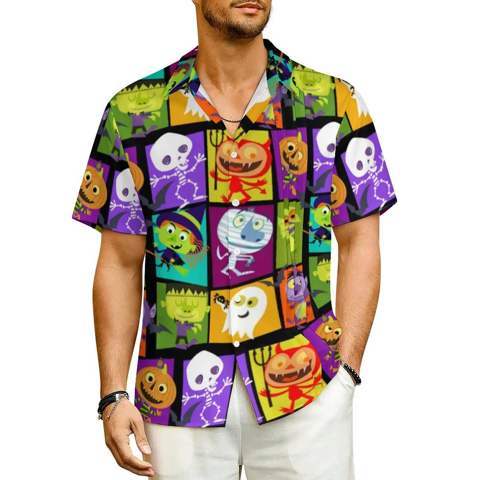 Halloween Monsters Summer Shirt For Man Beach Retro Cartoon Cute Casual Shirts Short Sleeve Stylish Loose Oversize Blouses