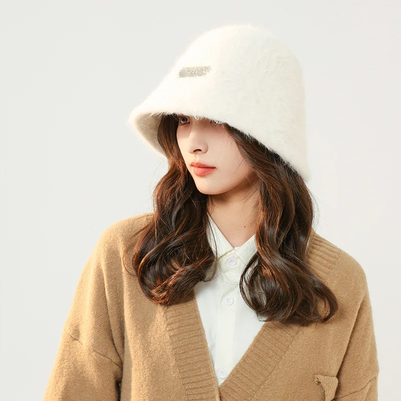 Japanese Versatile Light Board Imitation Rabbit Hair Bucket Fisherman Hat   Face Covering Warm and Cold Solid Color Basin Hat