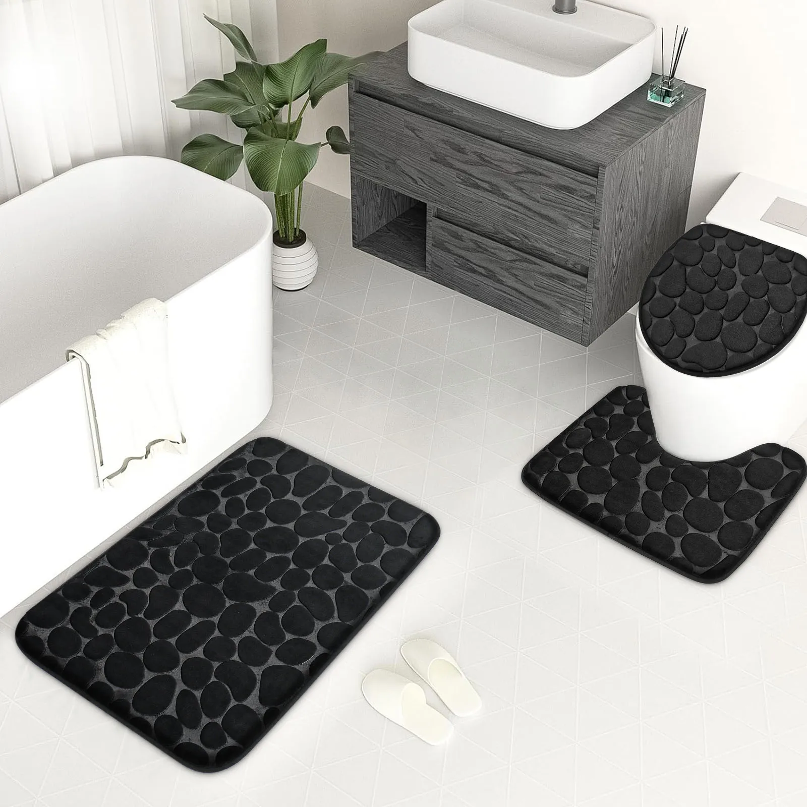 Toilet Seat Cover 3Pcs Set Bath Mat Shower Room Floor Rug Home Bathroom Anti-Slip Absorbent Doormat Pebbles Bathtub Decor Carpet