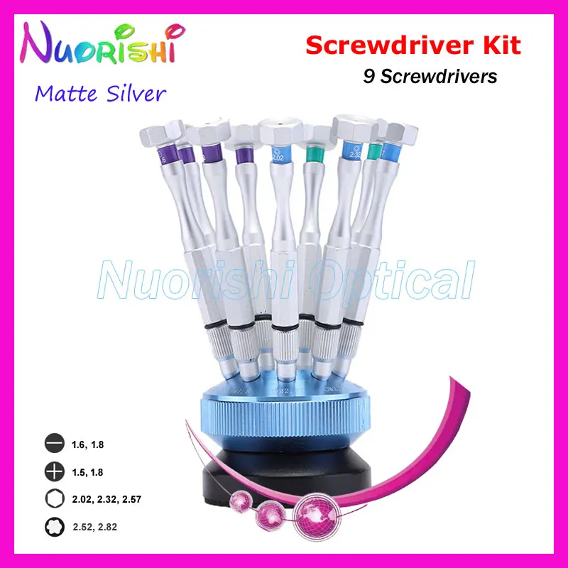 

SS2022B9 New Arrival Nice Matte Silver Glasses Watch Sunglasses 9pcs Screwdriver Set Kit With Aluminum Stands