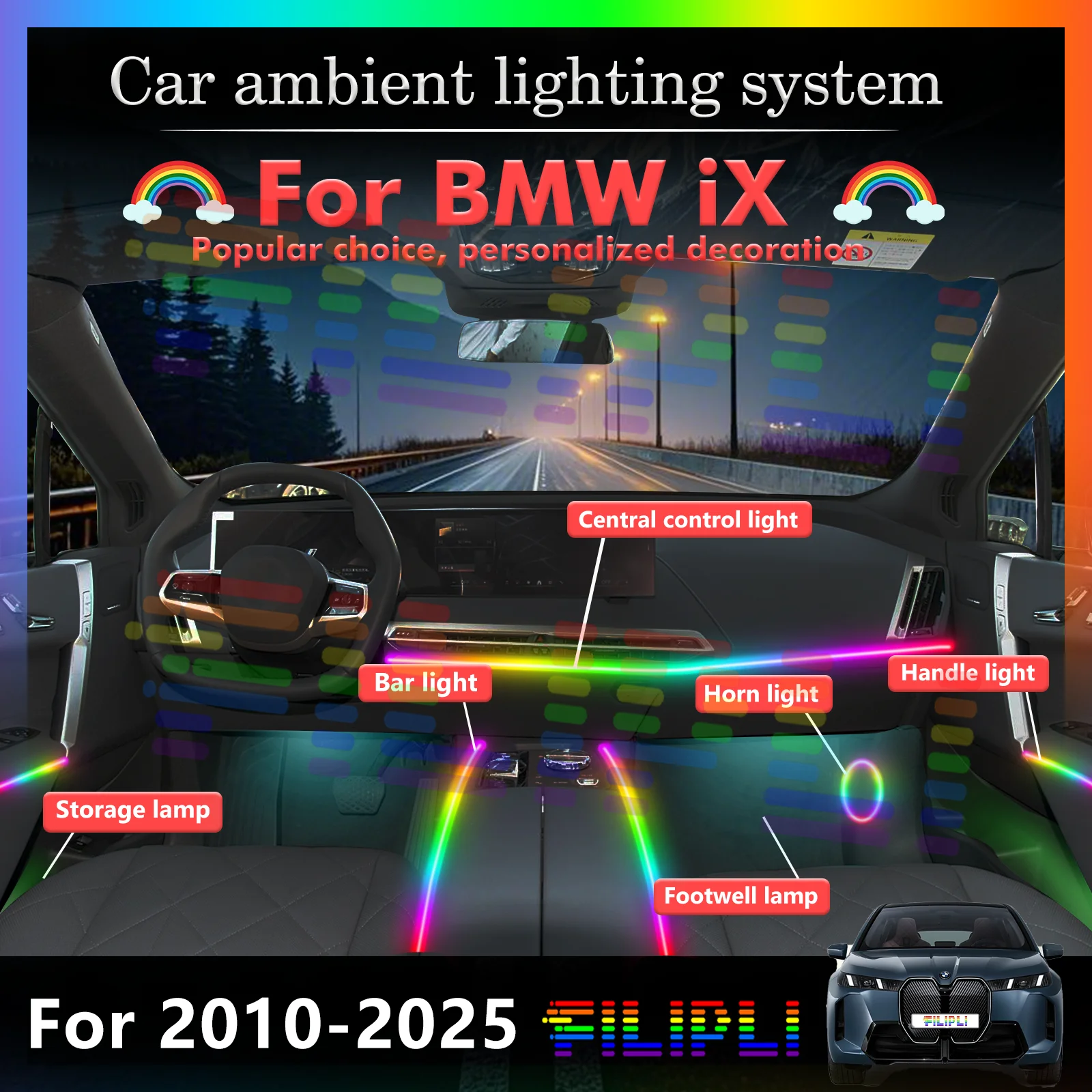 

For BMW ix Car Interior Decorative Ambient Light RGB 64-Color LED Smart Remote Control Energy Saving Efficient Kit