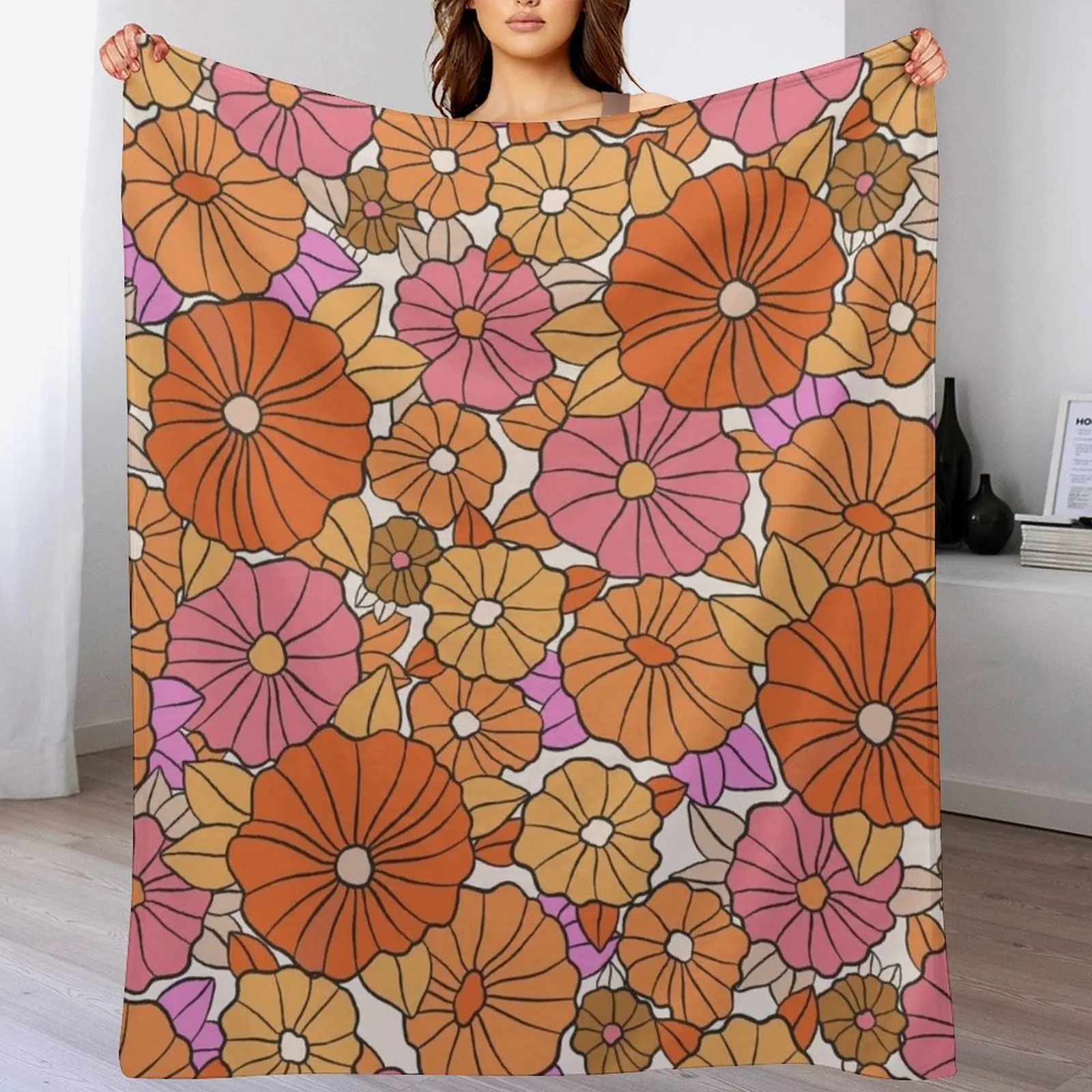 

1960s Vintage Retro Orange Pink Yellow Mod Daisy Flower Power Floral Throw Blanket Plush Nap Bed Fashionable for babies Blankets