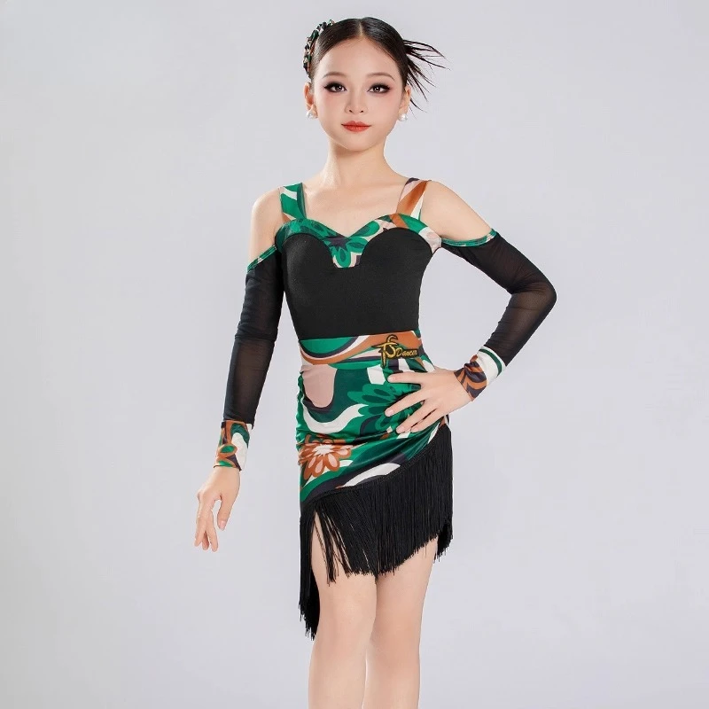 

Floral off-the-shoulder Latin dance costume for children and girls new dance performance costume and practice two-piece set