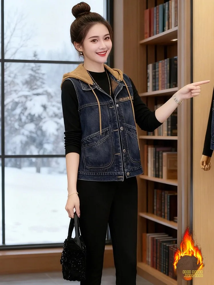 

Korean Sle Svel Denim Vest Women's Faionable Versatile Outerwear Coat Casual Commute Sle Splice ort Length