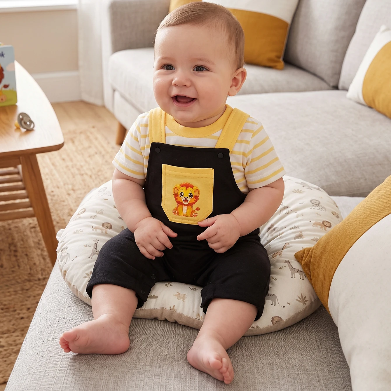 1 Set of Baby Short-Sleeved Romper with Suspender Design and Lion Pattern, Suitable for Babies over 6 Months Old