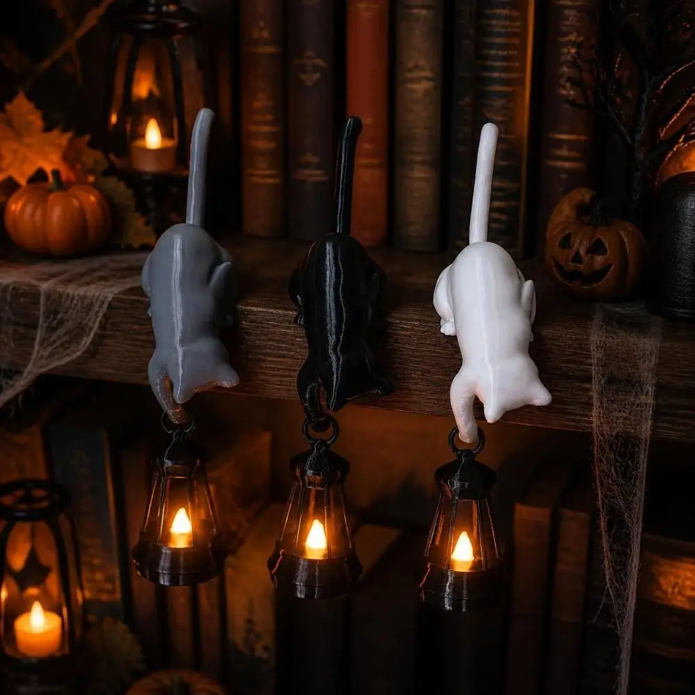 3D Printed Cat-Shaped Wall Hook Cute Inverted Hanging Wall Key Rack Creative with Lantern Animal Figurine Hook Home Office Decor