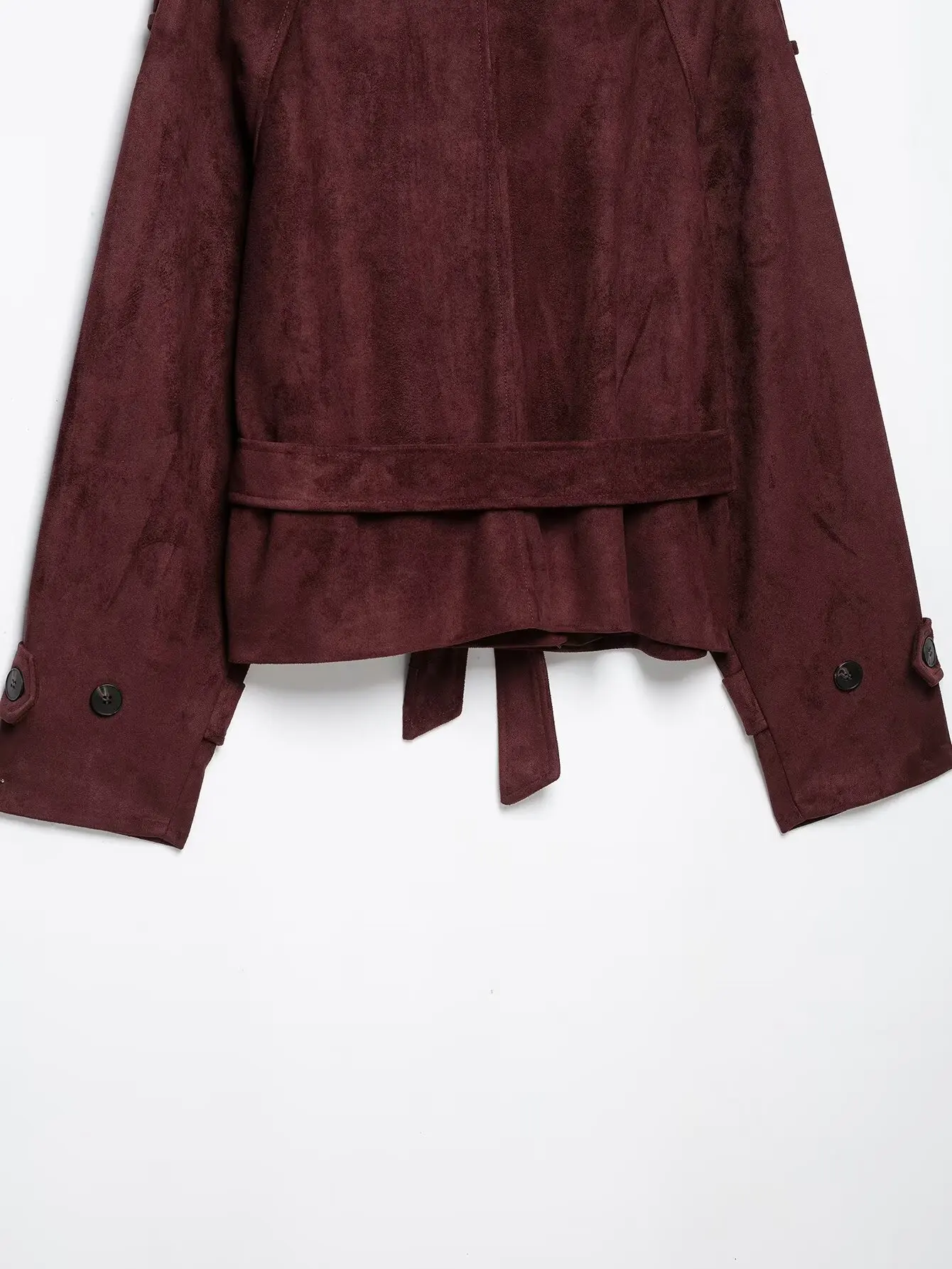 BSAY 2026 Commuter-Style Damenjacke aus Kunstwildleder, Burgunderrot, Stehkragen, Doppelreihig, mit Gürtel, Langarm, Kurze Oberbekleidung – Detail 12