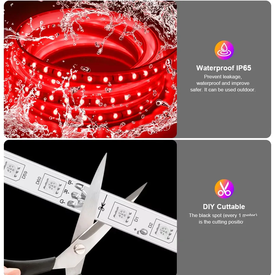 AC 220V RGB LED Strip Light with 1500W EU Plug Controller RGB Tape Waterproof Flexible Ribbon For Garden Lighting Decoration