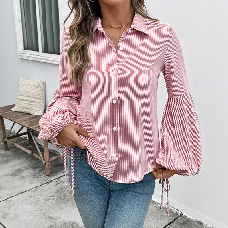 Blouses Women Shirt Turn Down Collar Lantern Sleeve Tops Striped Y2k Streetwear Elegant Splice Shirts Casual Work Top 2025